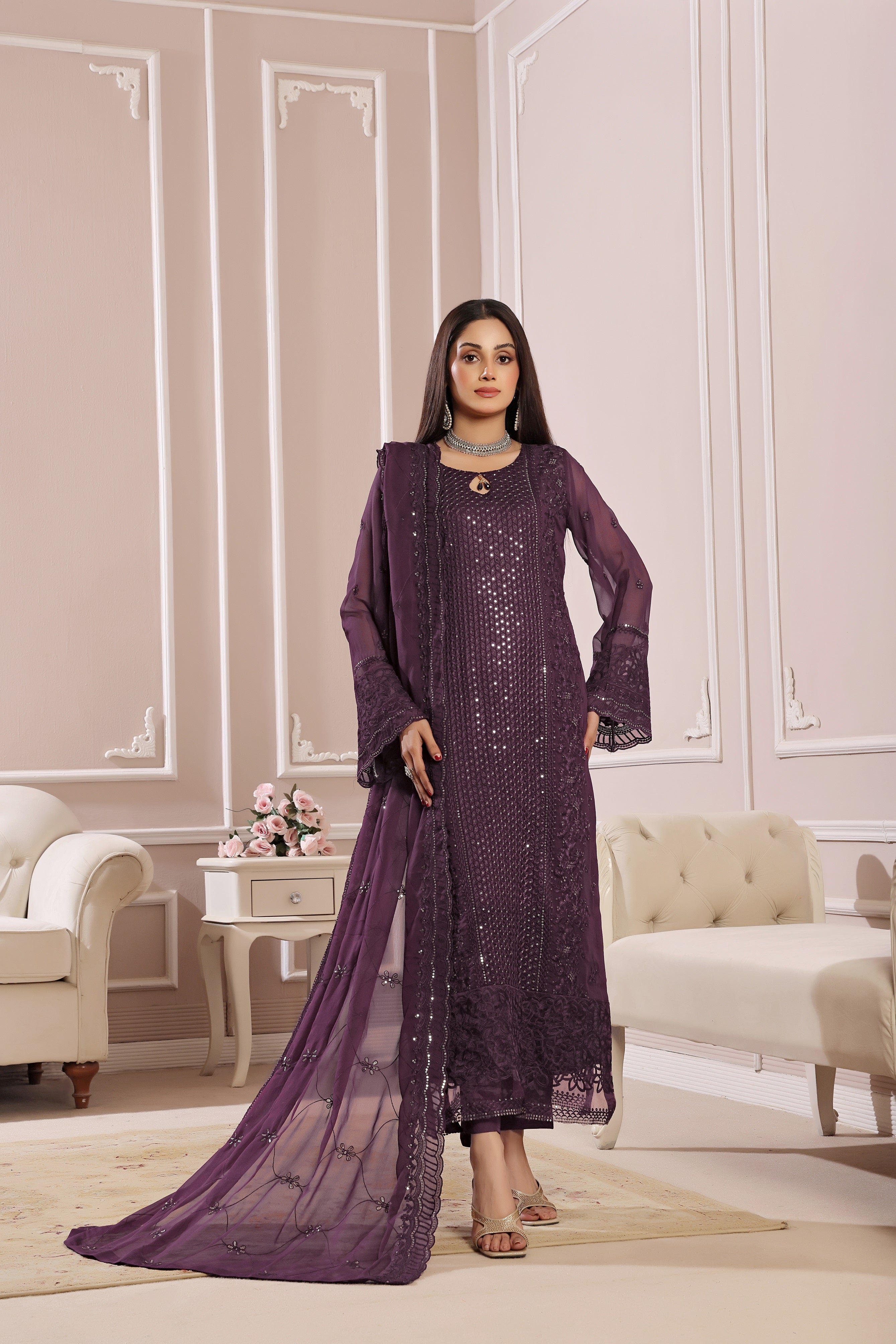 SOGHAT FLEUR 3 PIECE - LUXURY EMBROIDERED CHIFFON SUIT 25