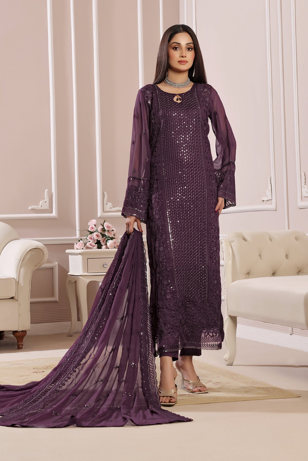 SOGHAT FLEUR 3 PIECE - LUXURY EMBROIDERED CHIFFON SUIT 25