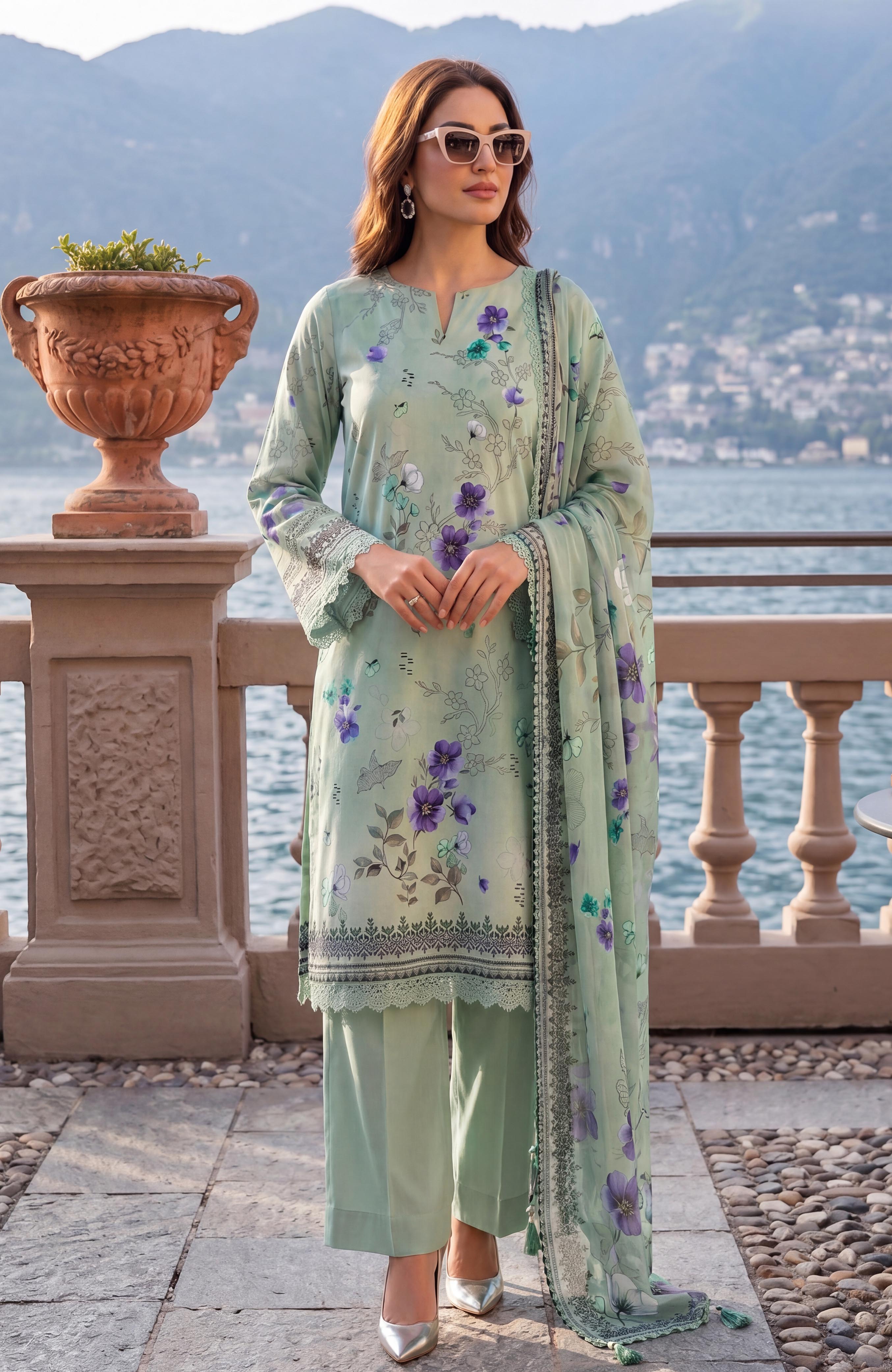 Al Zohaib Color Lawn With Chiffon Dupatta 3 Piece