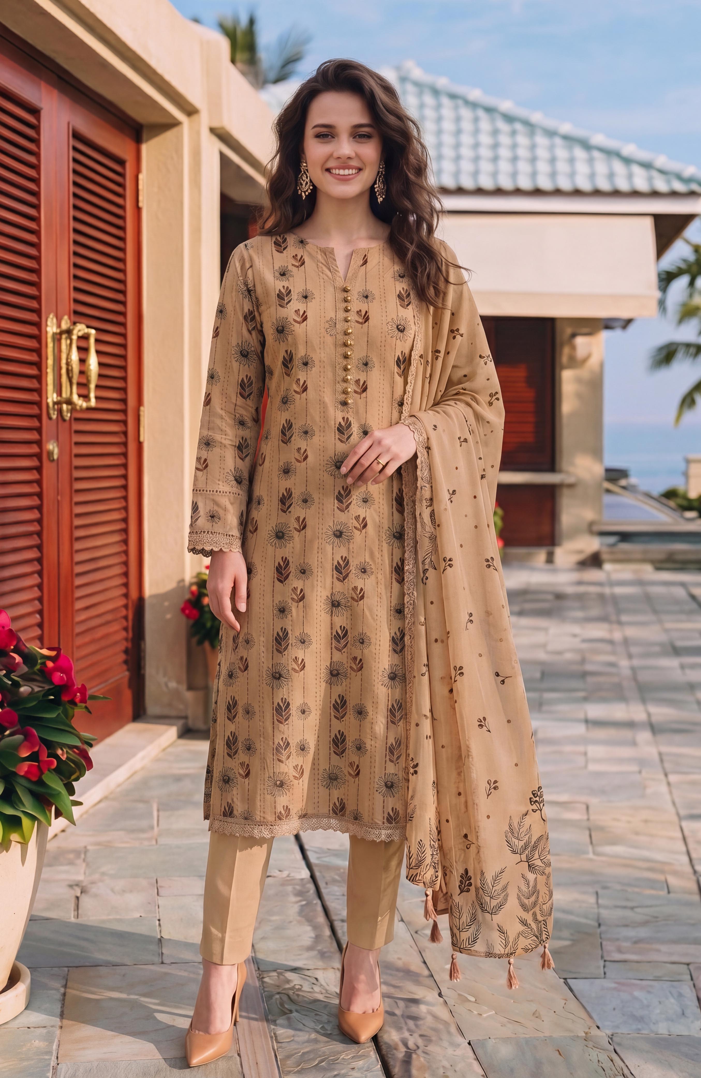Al Zohaib Color Lawn With Chiffon Dupatta 3 Piece