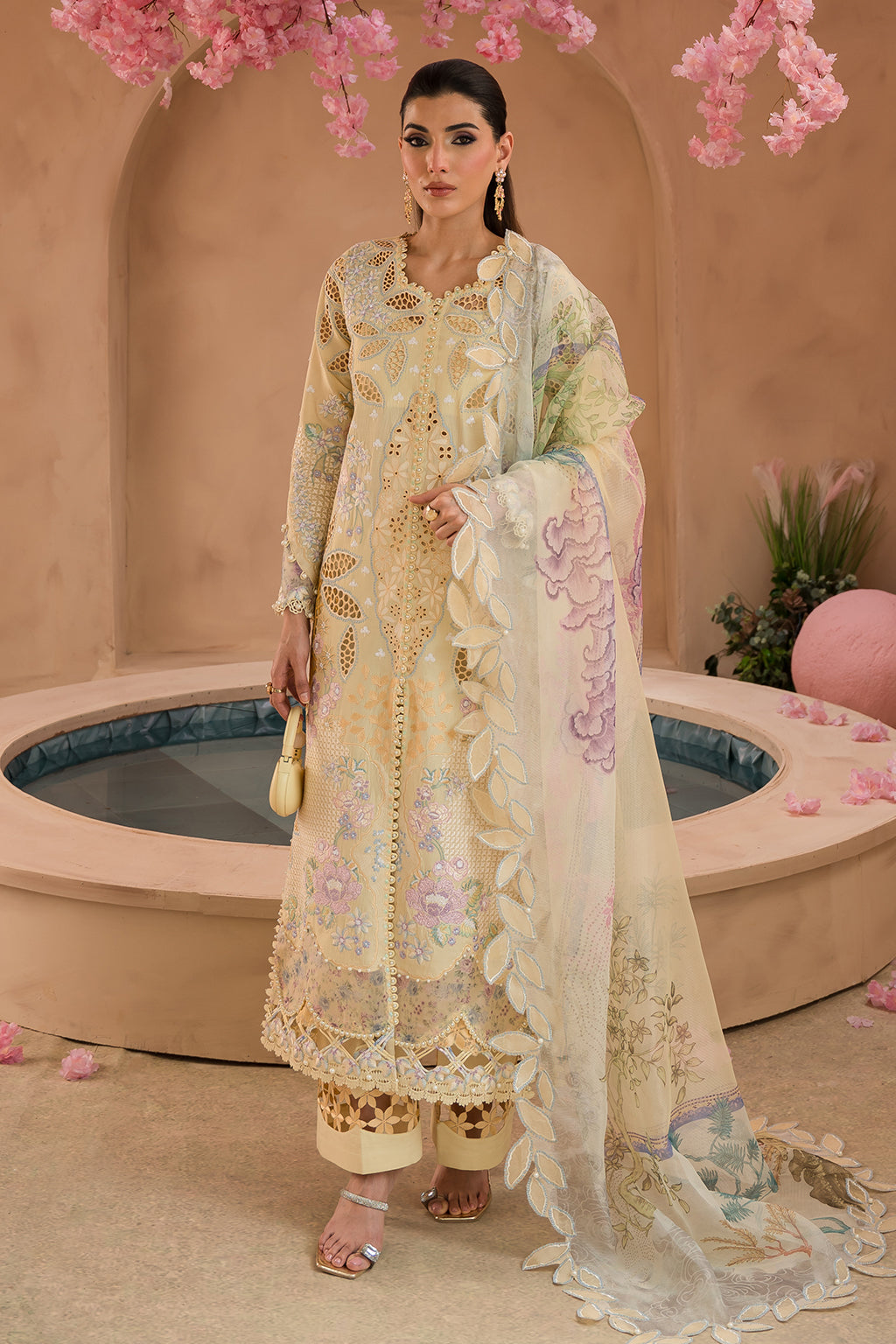 Afrozeh The Painted Garden Luxury Embroidered Lawn Collection 24 (Sweet Saffron)