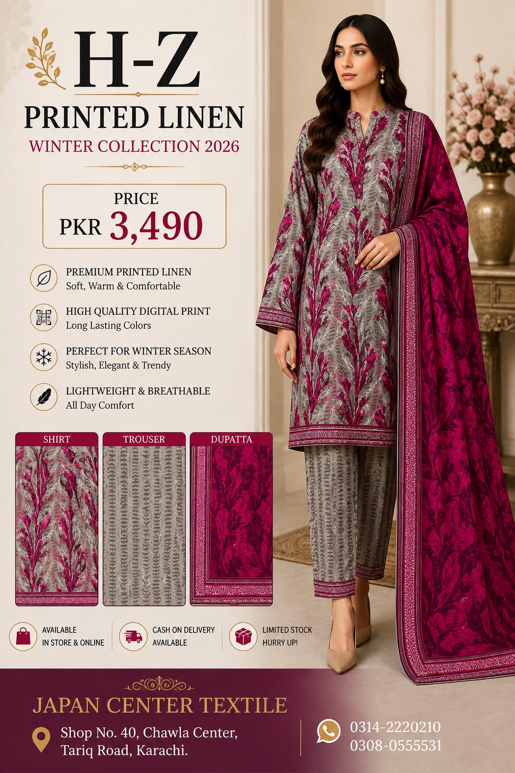 H-Z Printed Linen Unstitched Winter collection '26
