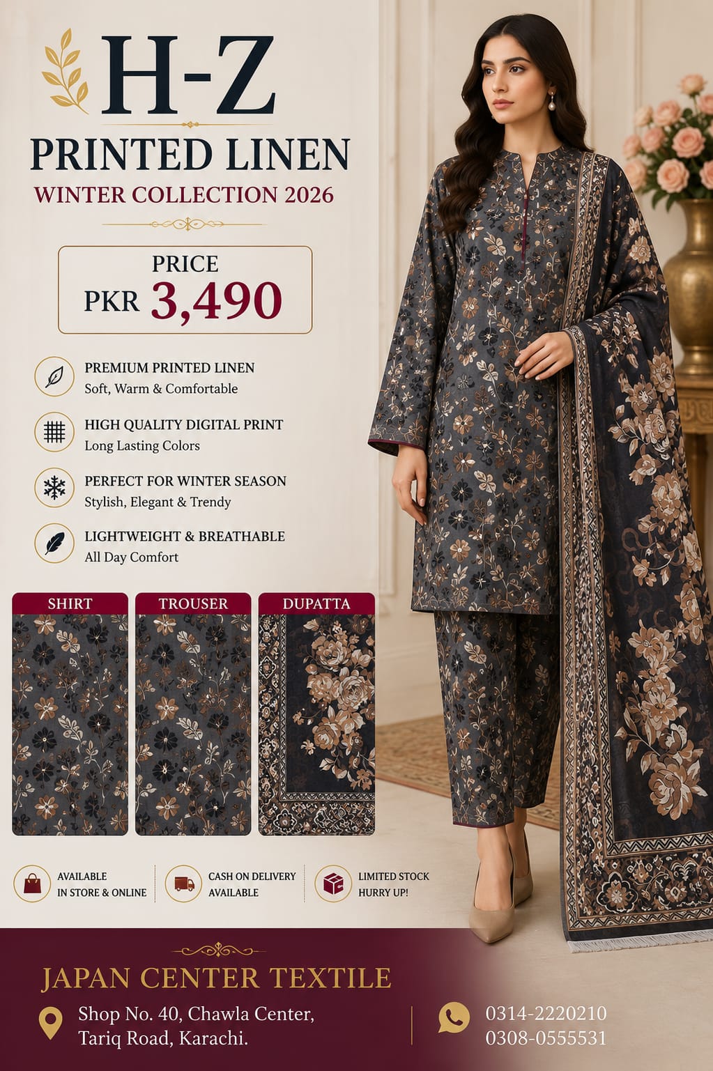 H-Z Printed Linen Unstitched Winter collection '26
