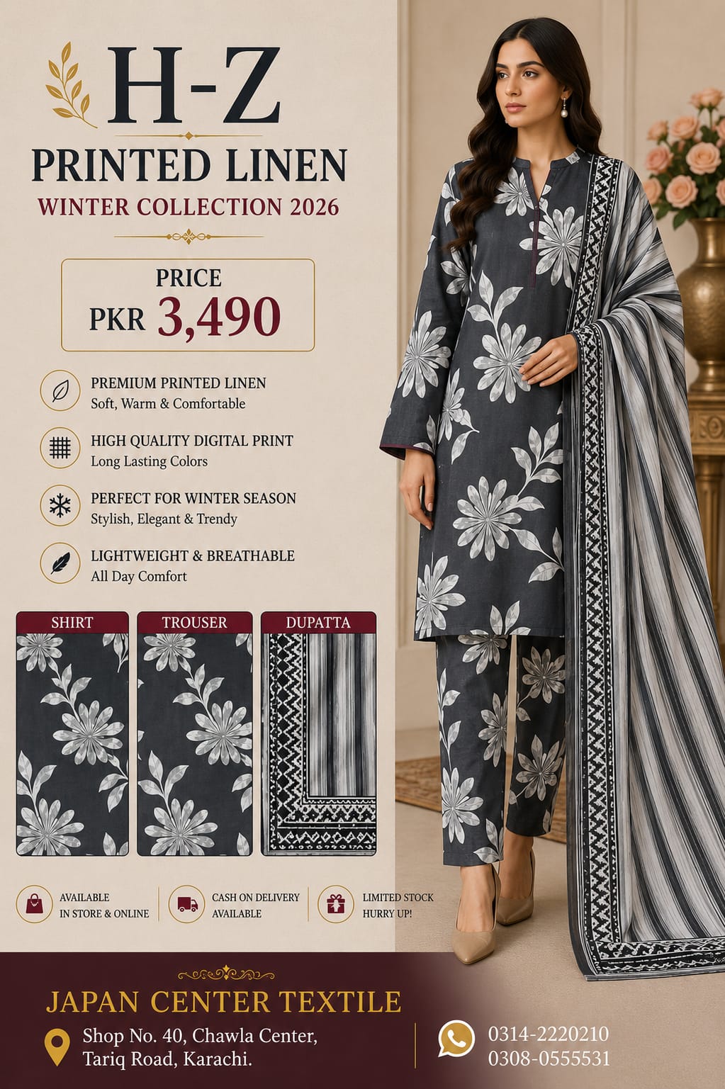 H-Z Printed Linen Unstitched Winter collection '26