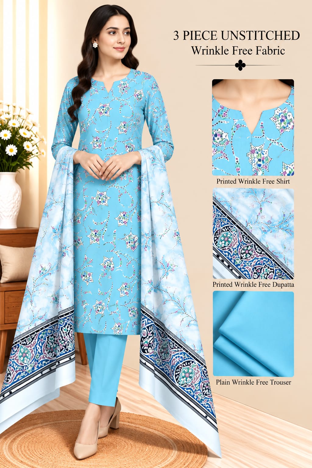 3 Piece Unstitched Wrinkle Free Fabric