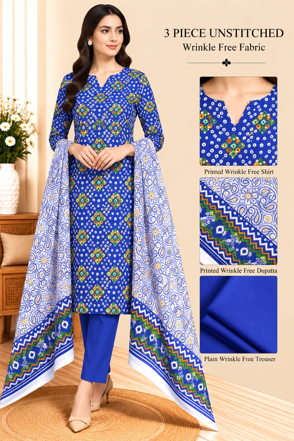 3 Piece Unstitched Wrinkle Free Fabric
