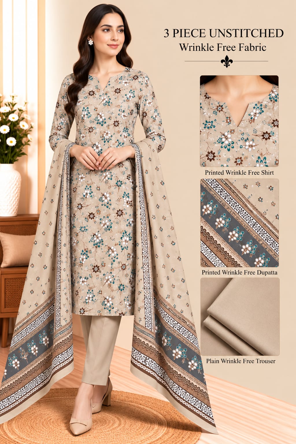 3 Piece Unstitched Wrinkle Free Fabric