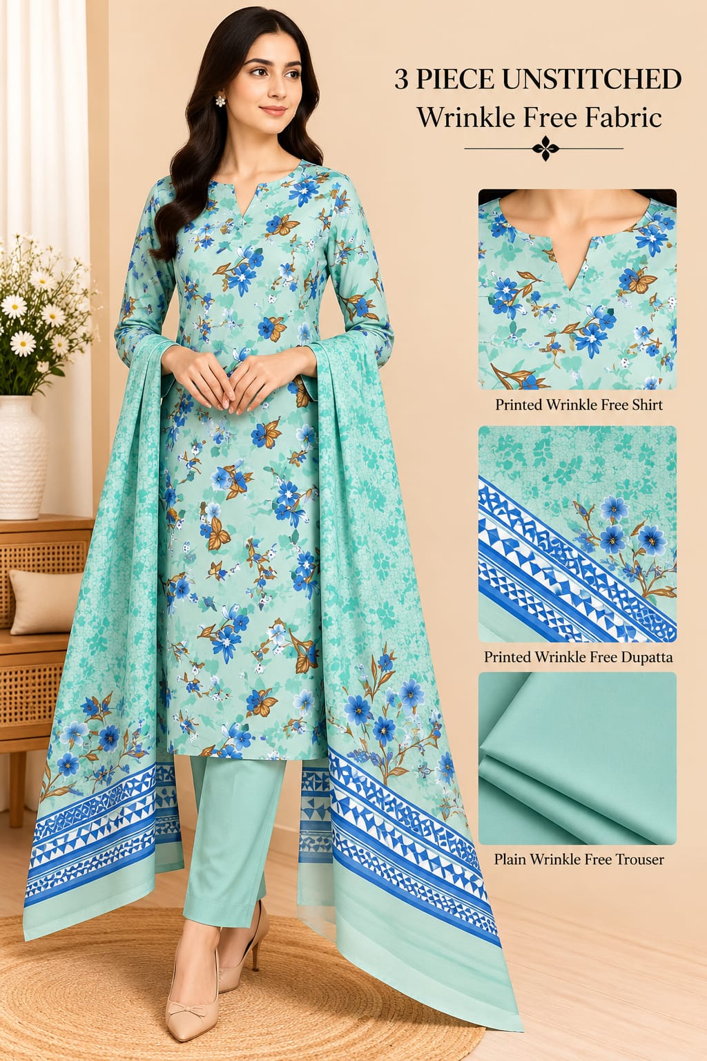 3 Piece Unstitched Wrinkle Free Fabric