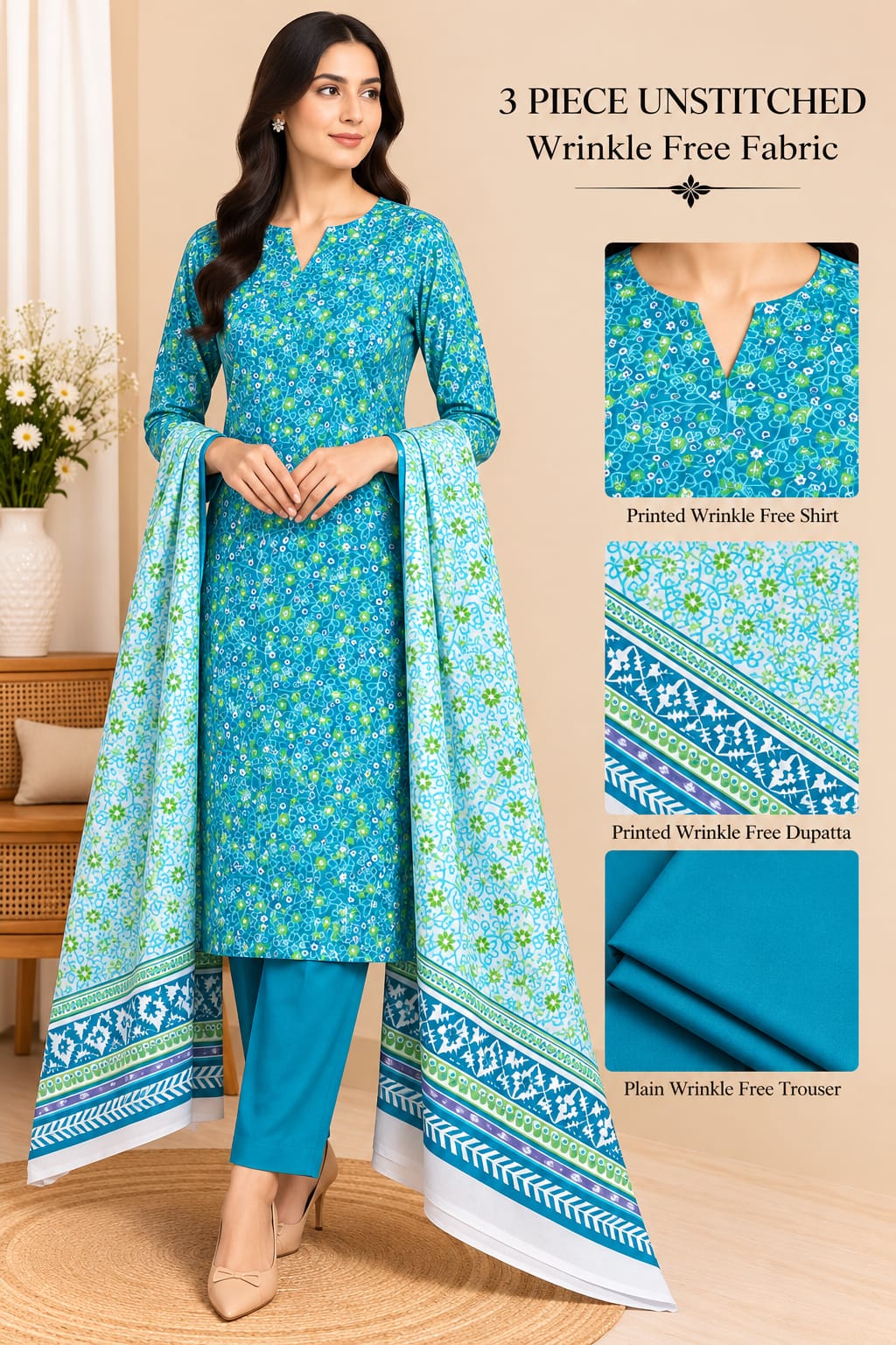 3 Piece Unstitched Wrinkle Free Fabric