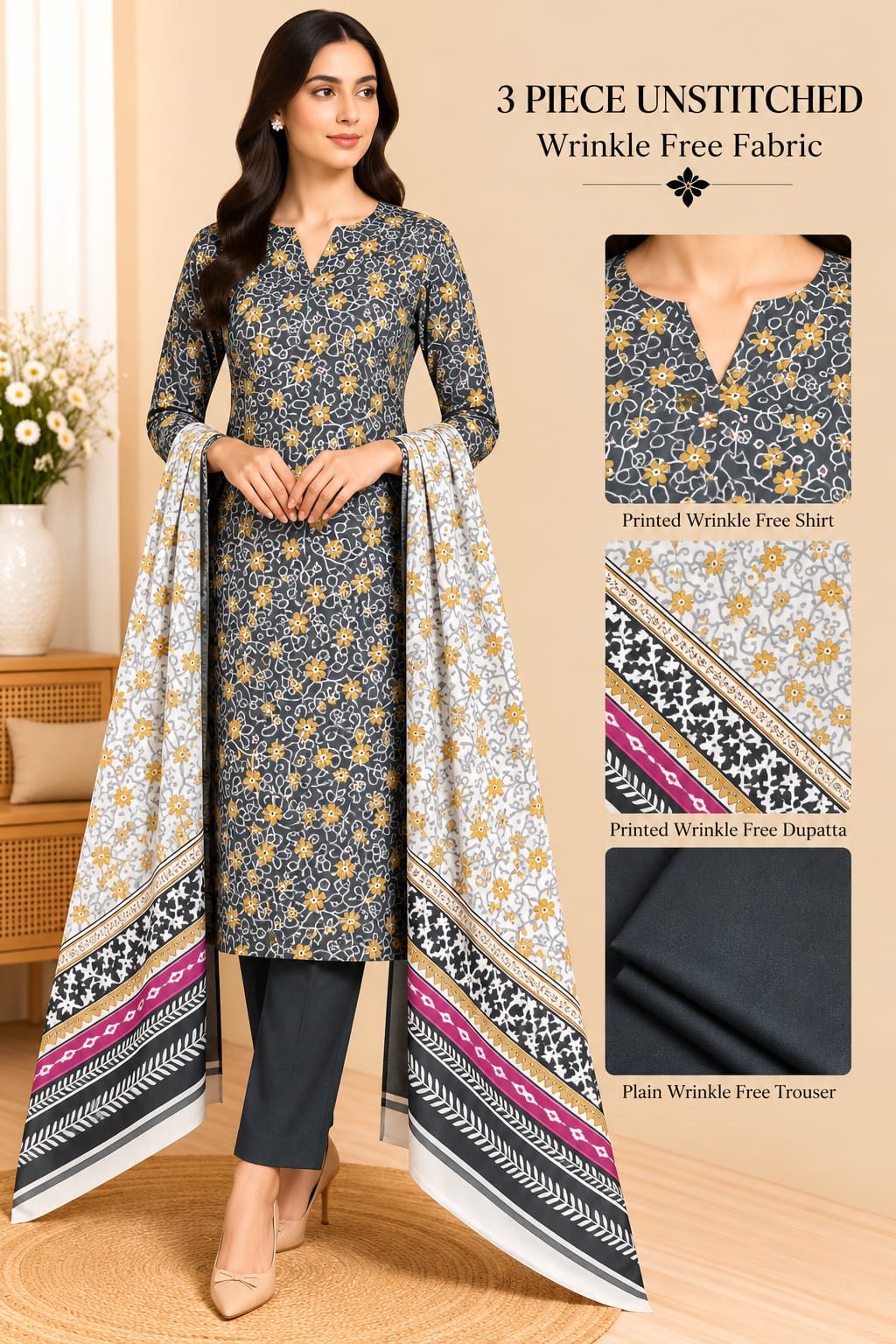 3 Piece Unstitched Wrinkle Free Fabric