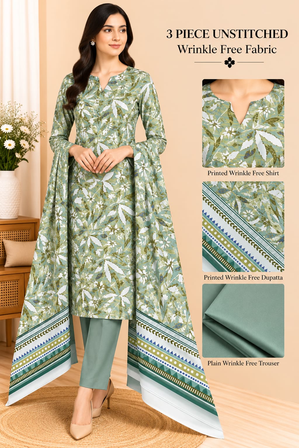 3 Piece Unstitched Wrinkle Free Fabric