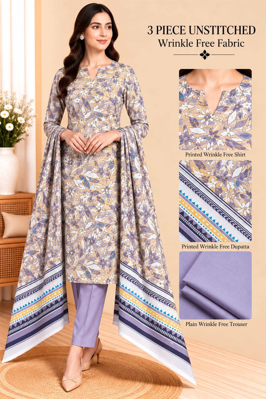 3 Piece Unstitched Wrinkle Free Fabric