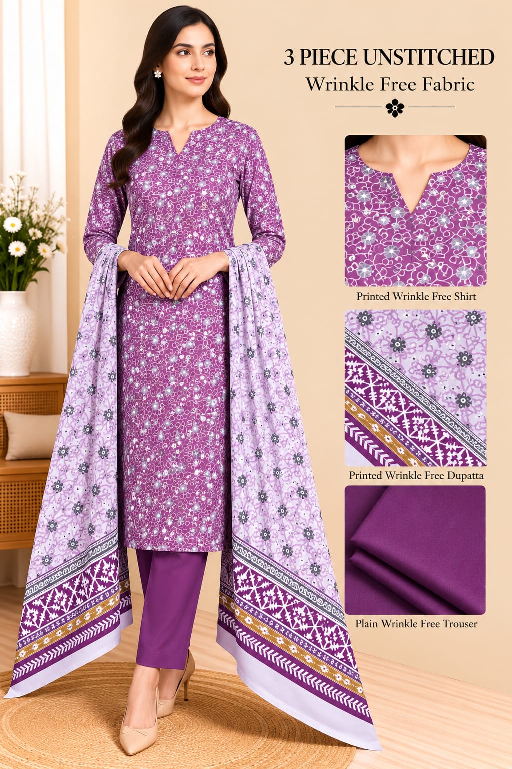 3 Piece Unstitched Wrinkle Free Fabric