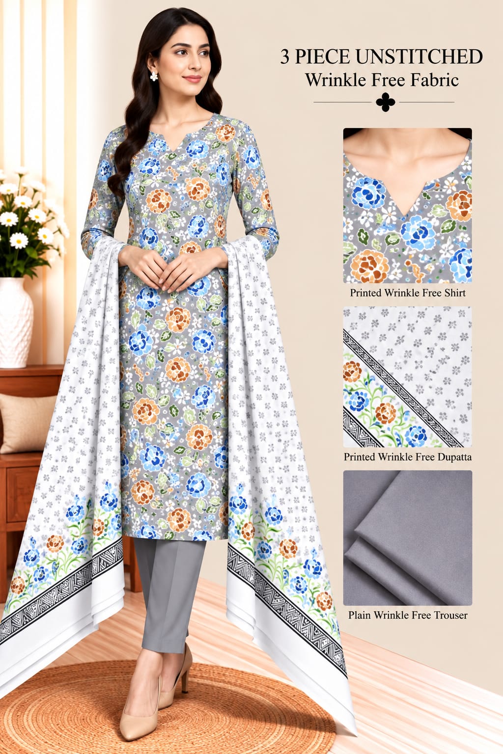 3 Piece Unstitched Wrinkle Free Fabric