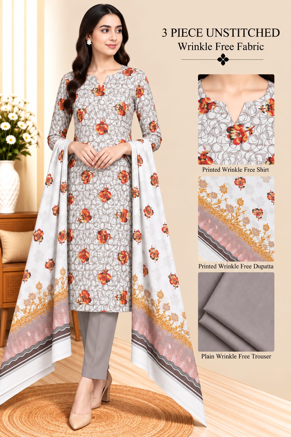3 Piece Unstitched Wrinkle Free Fabric