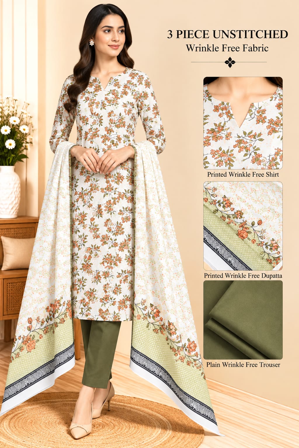3 Piece Unstitched Wrinkle Free Fabric