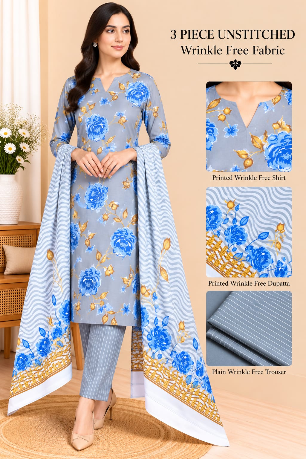 3 Piece Unstitched Wrinkle Free Fabric