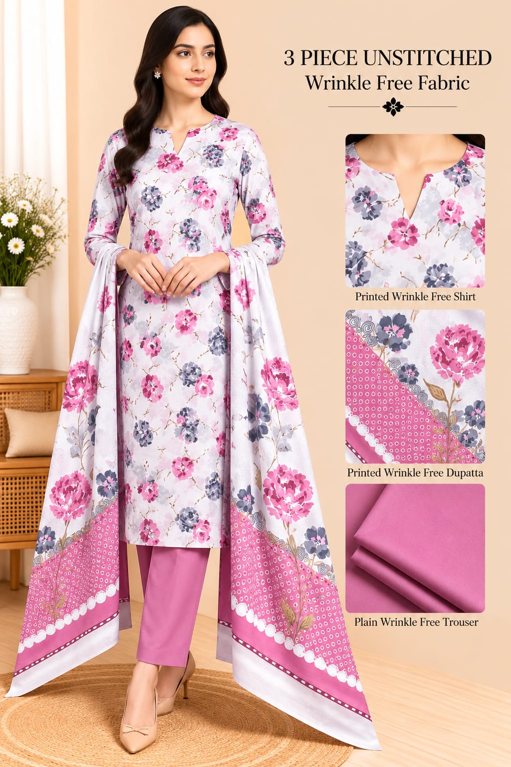 3 Piece Unstitched Wrinkle Free Fabric