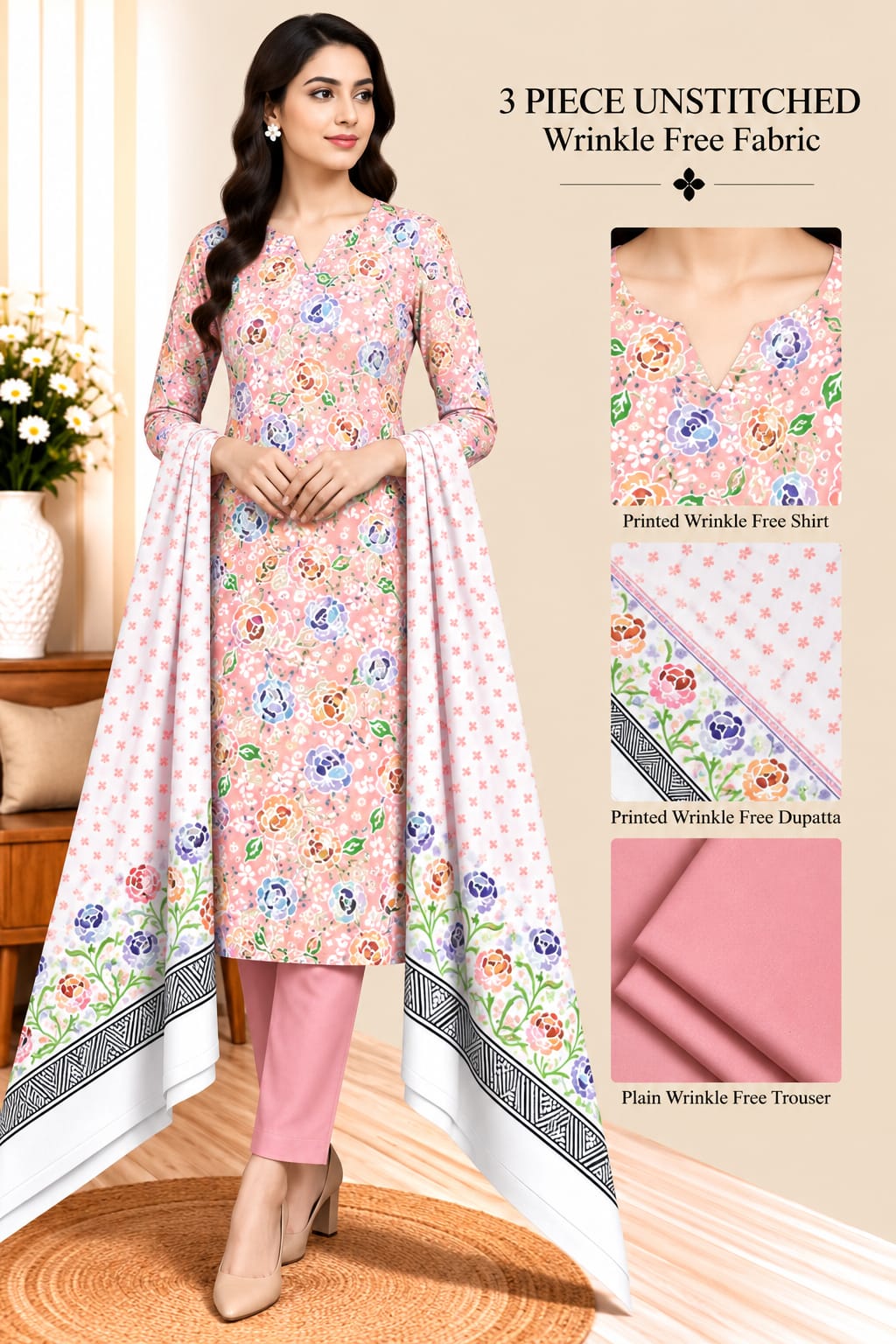 3 Piece Unstitched Wrinkle Free Fabric