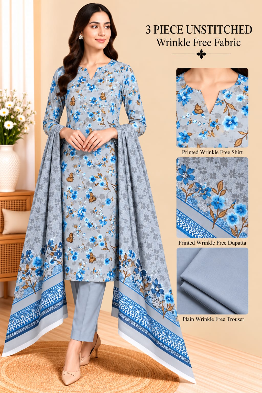3 Piece Unstitched Wrinkle Free Fabric