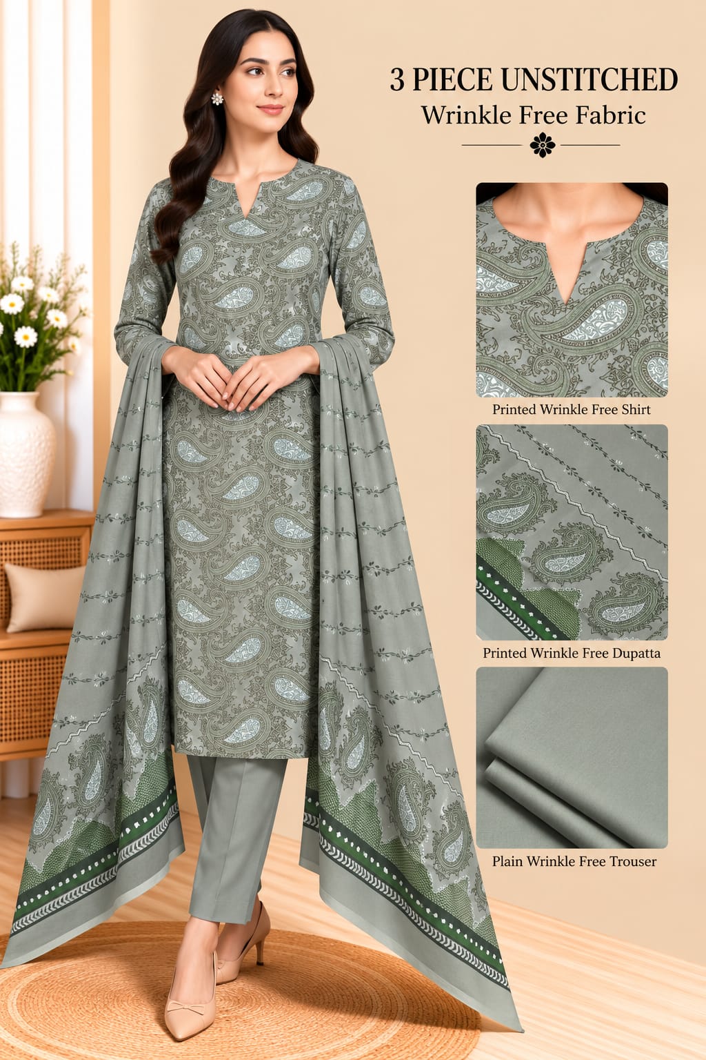 3 Piece Unstitched Wrinkle Free Fabric
