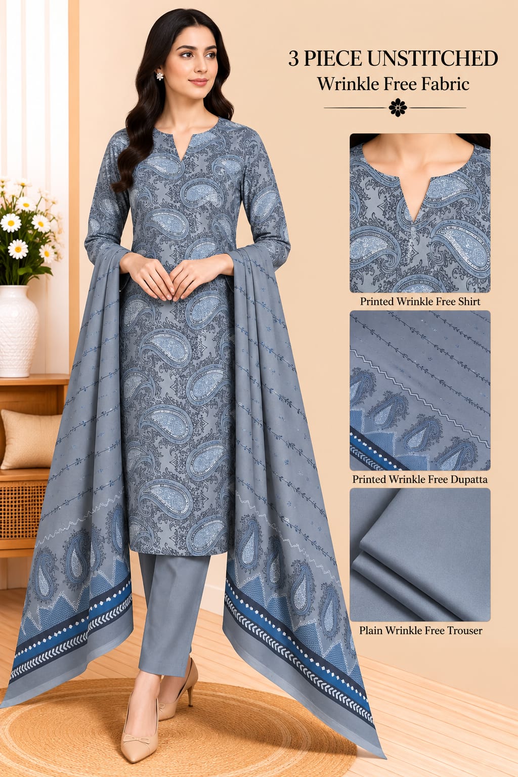 3 Piece Unstitched Wrinkle Free Fabric