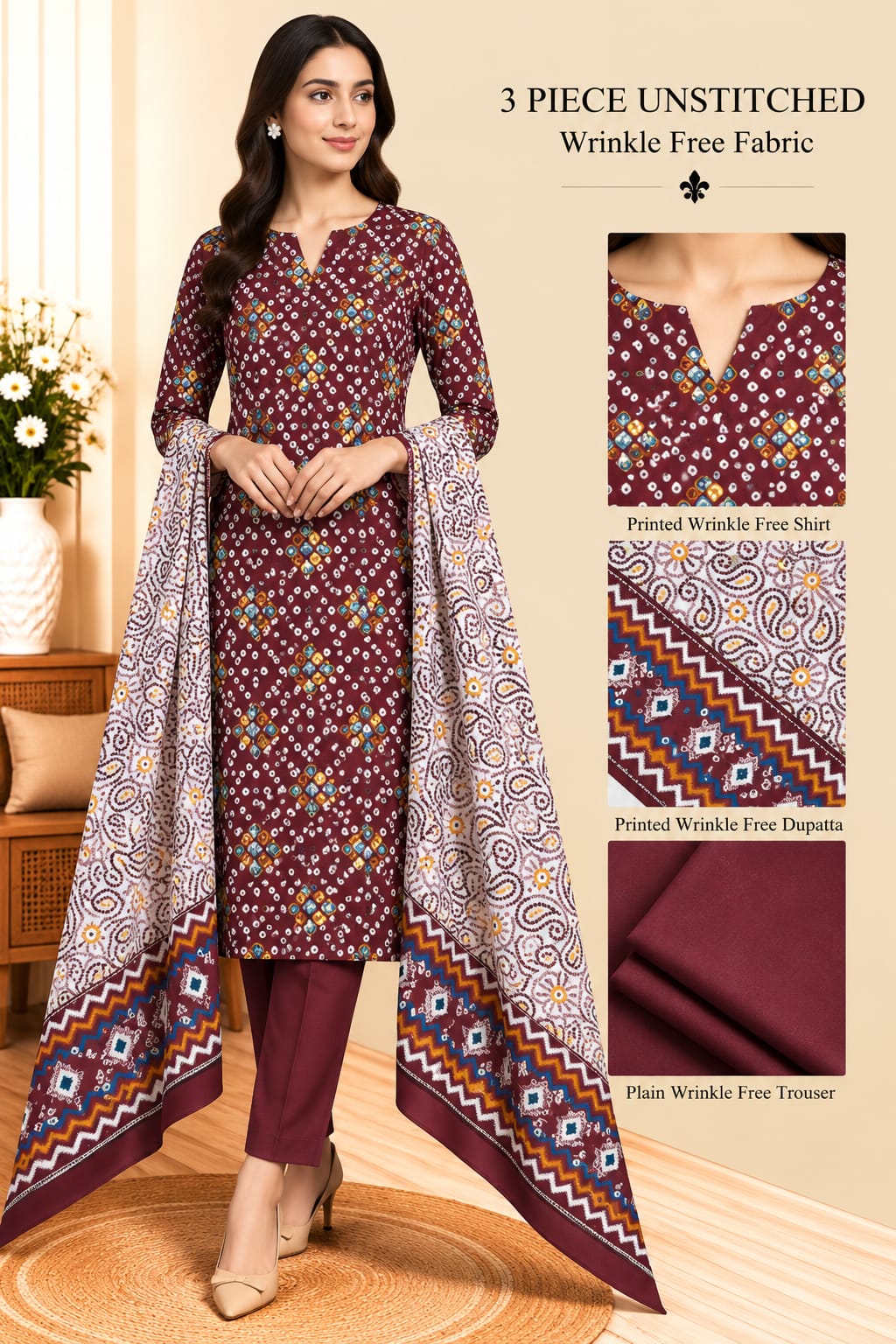 3 Piece Unstitched Wrinkle Free Fabric