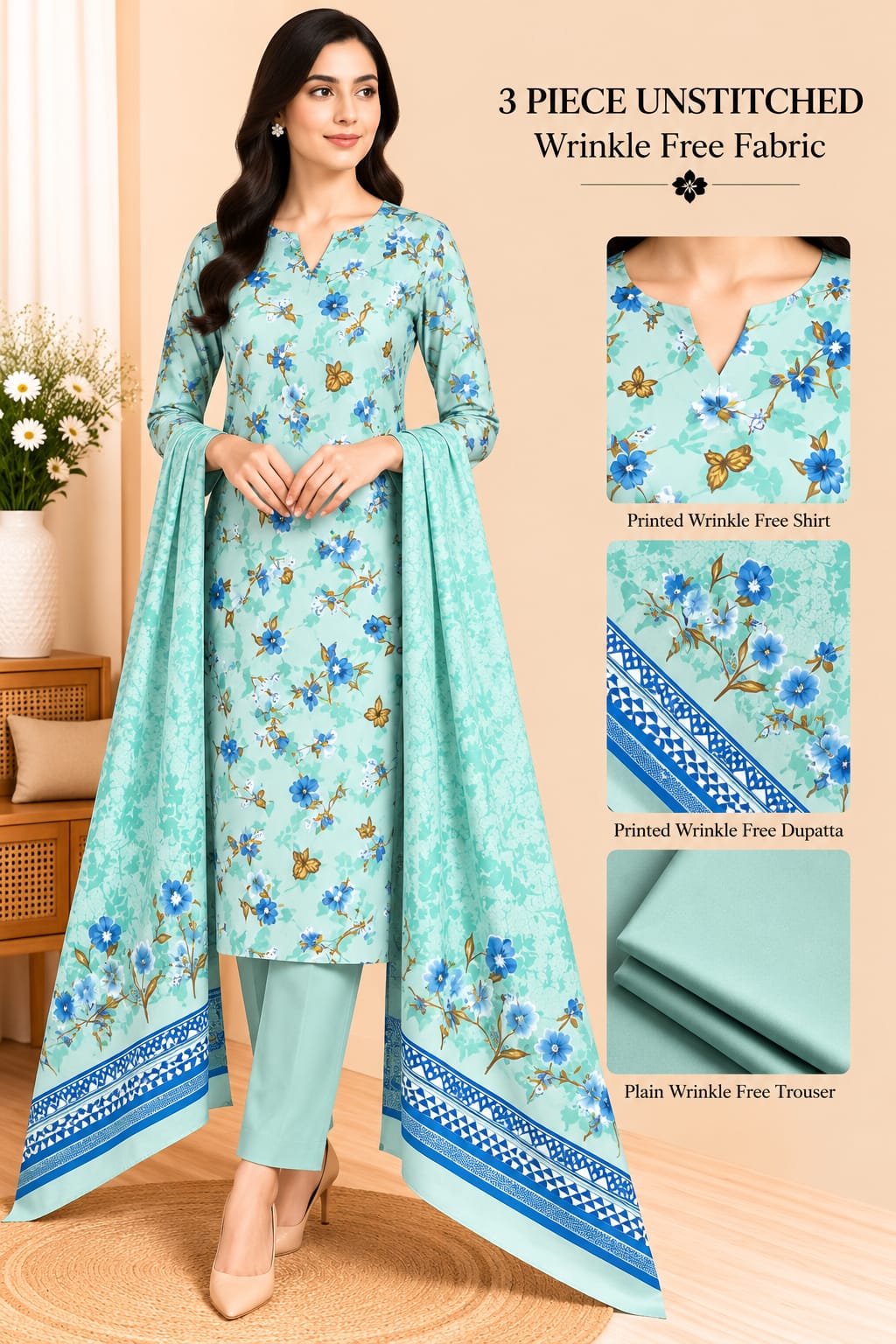 3 Piece Unstitched Wrinkle Free Fabric