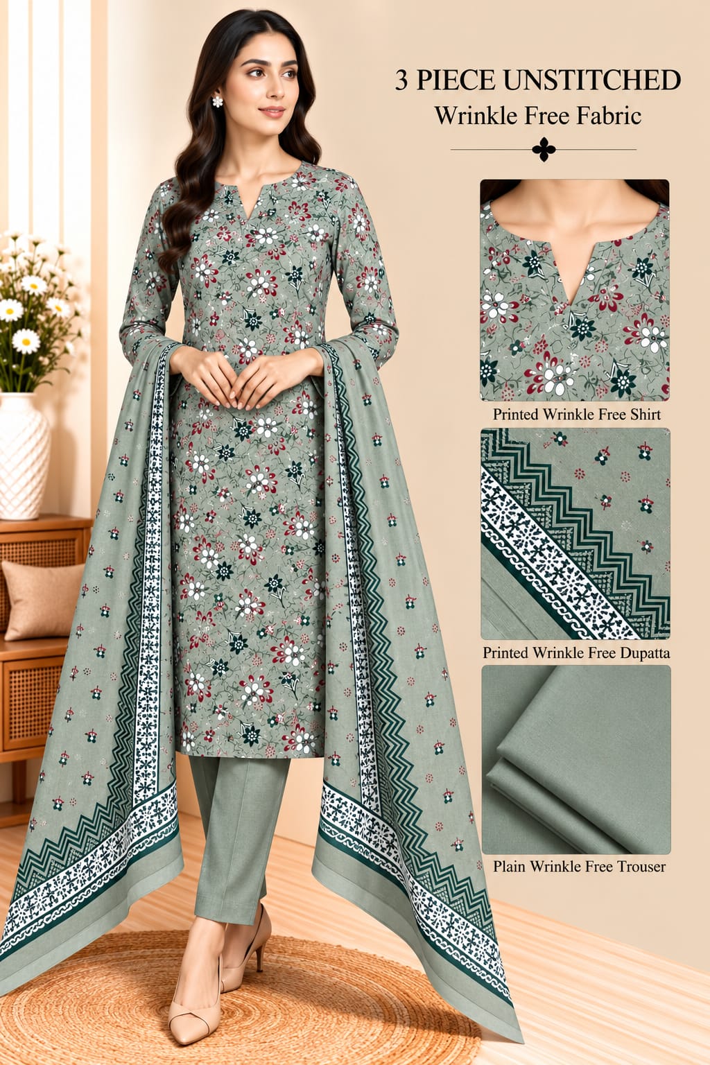 3 Piece Unstitched Wrinkle Free Fabric
