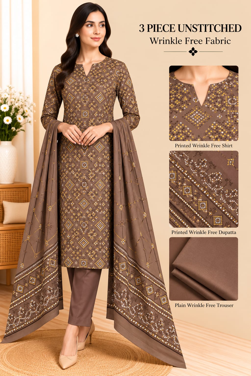 3 Piece Unstitched Wrinkle Free Fabric