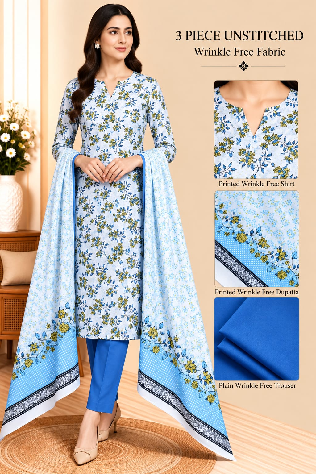 3 Piece Unstitched Wrinkle Free Fabric
