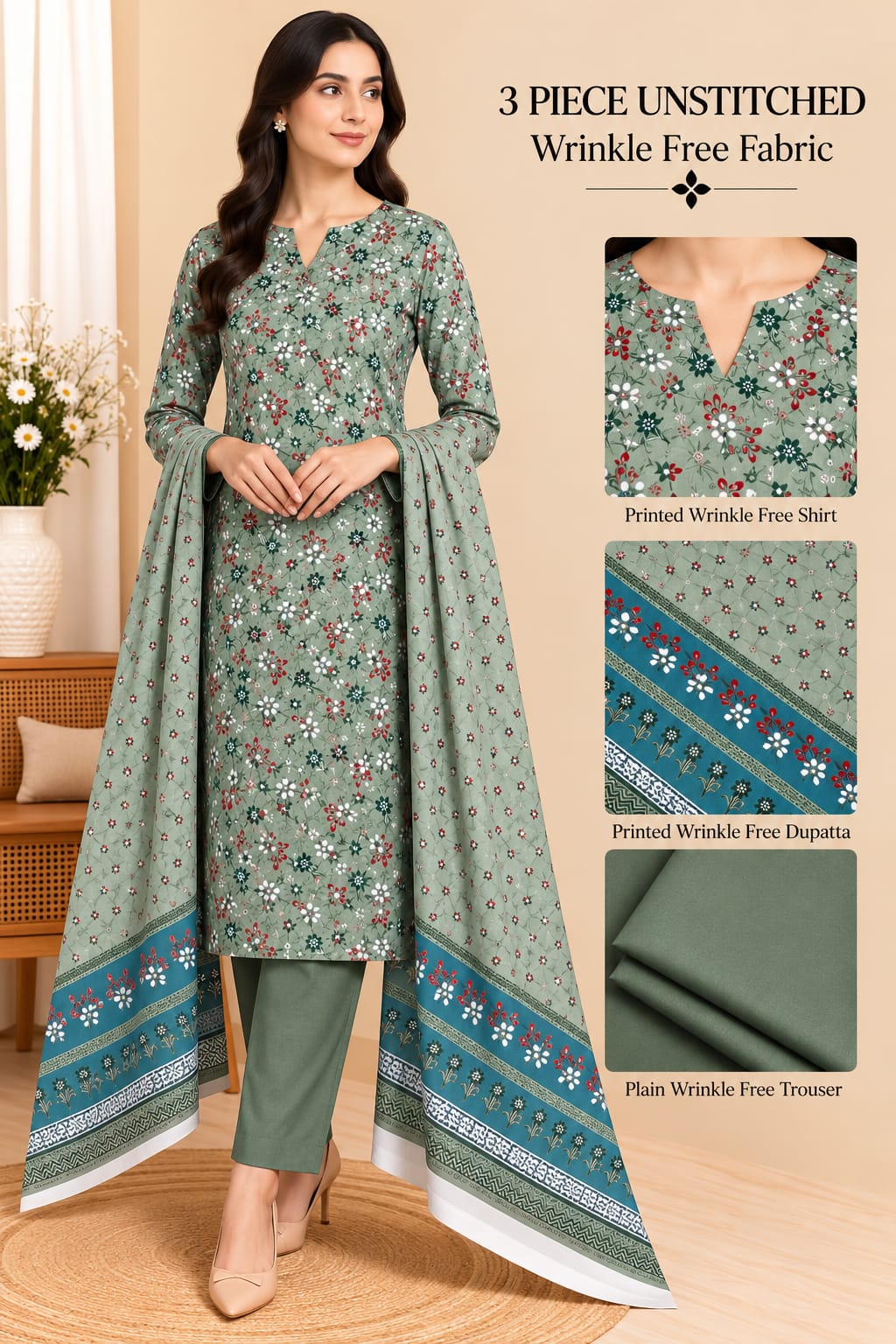 3 Piece Unstitched Wrinkle Free Fabric