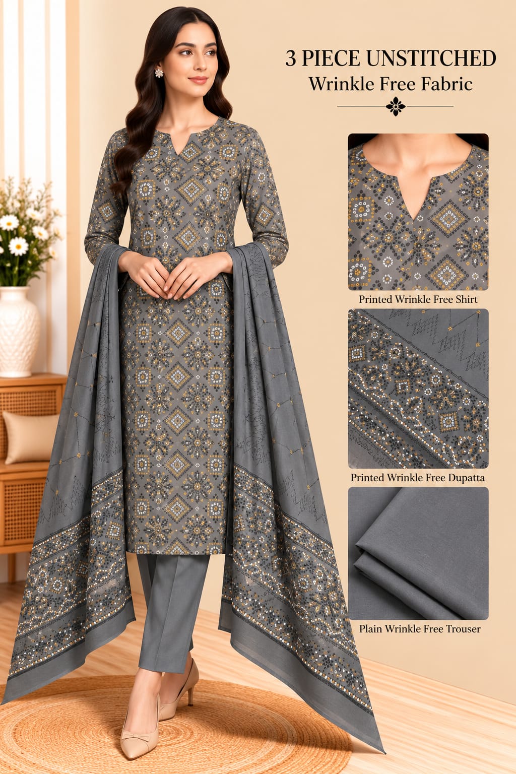 3 Piece Unstitched Wrinkle Free Fabric