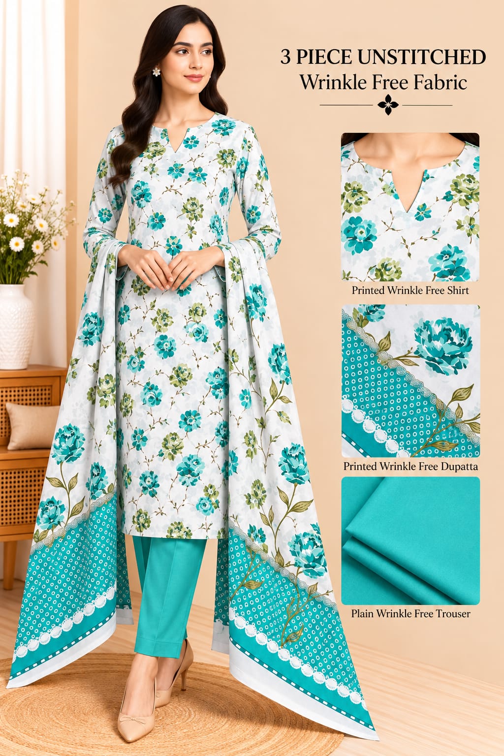 3 Piece Unstitched Wrinkle Free Fabric