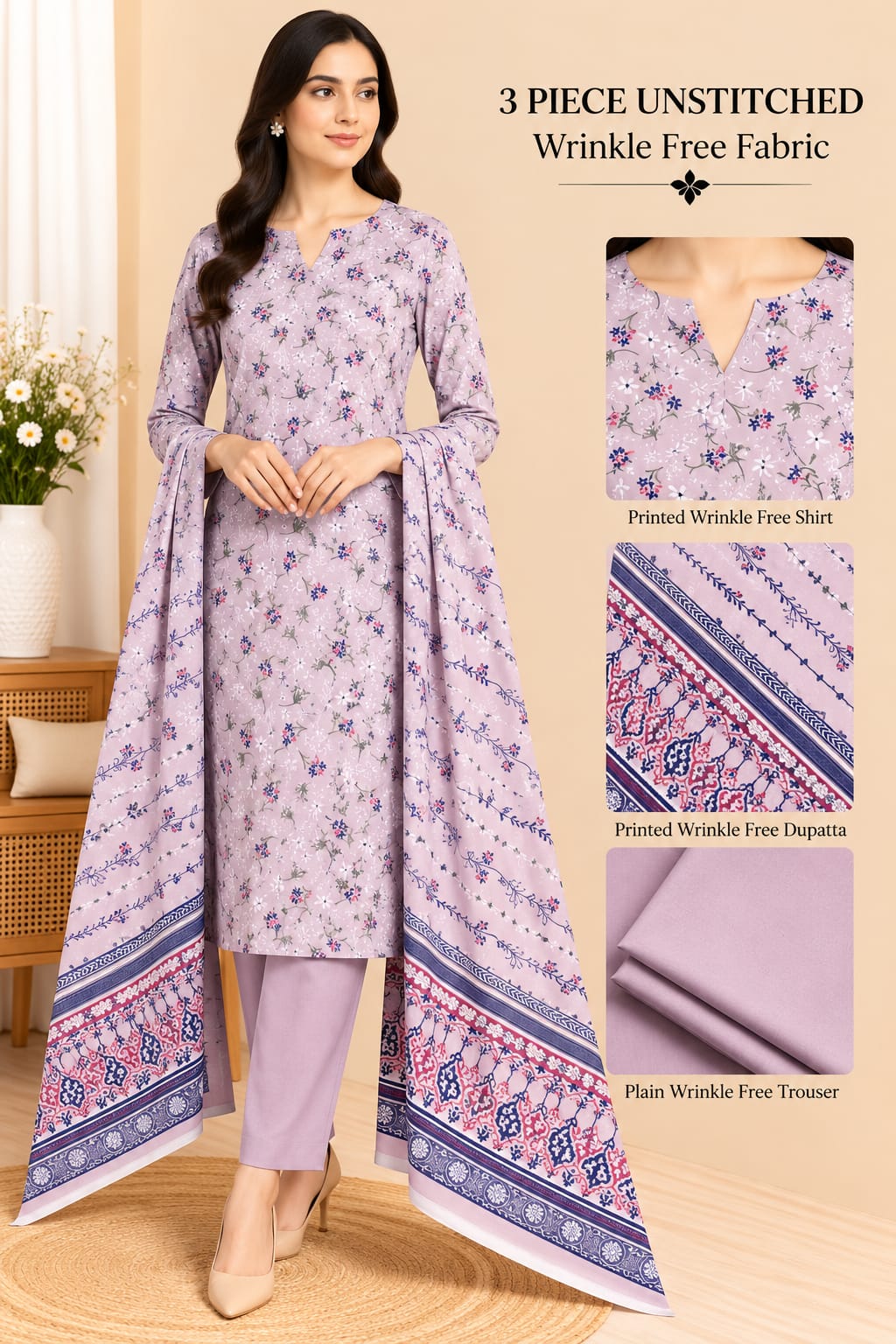 3 Piece Unstitched Wrinkle Free Fabric
