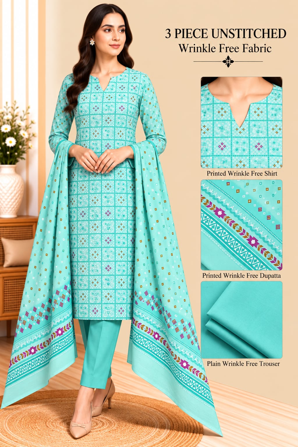 3 Piece Unstitched Wrinkle Free Fabric