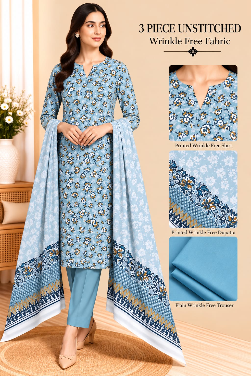 3 Piece Unstitched Wrinkle Free Fabric