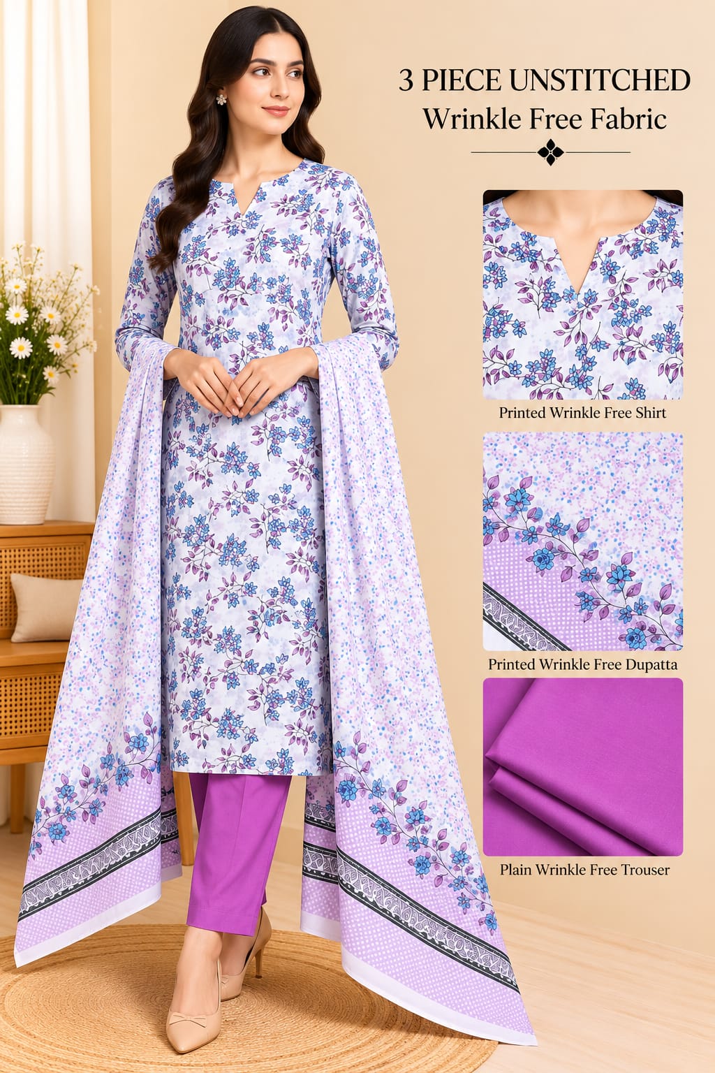 3 Piece Unstitched Wrinkle Free Fabric