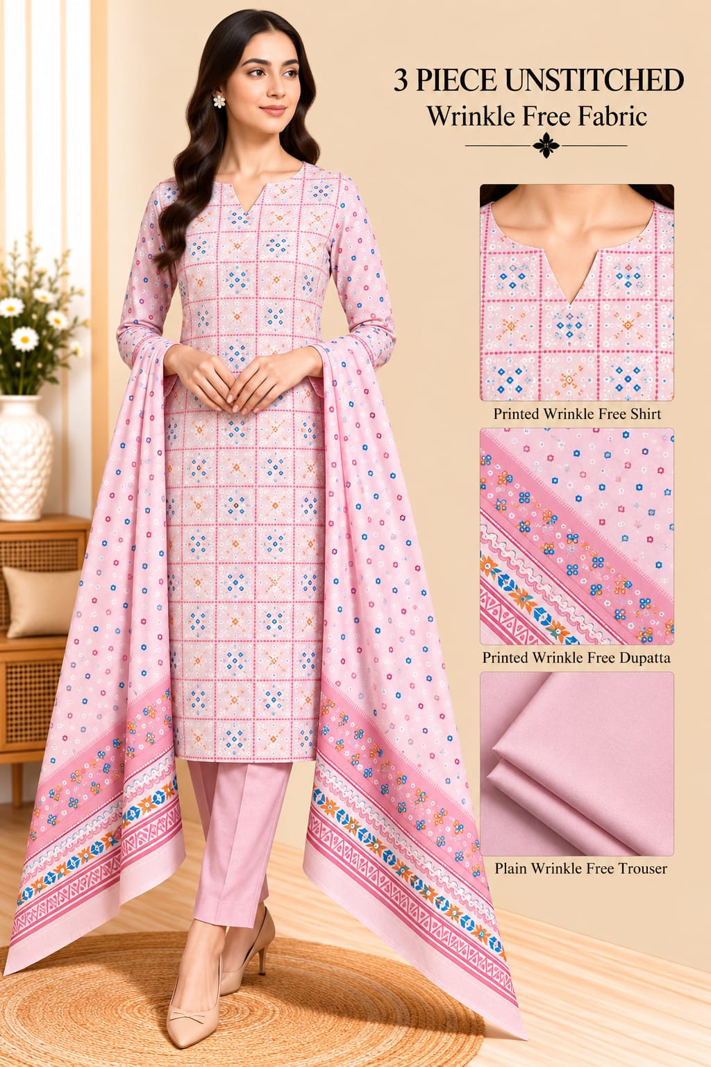 3 Piece Unstitched Wrinkle Free Fabric