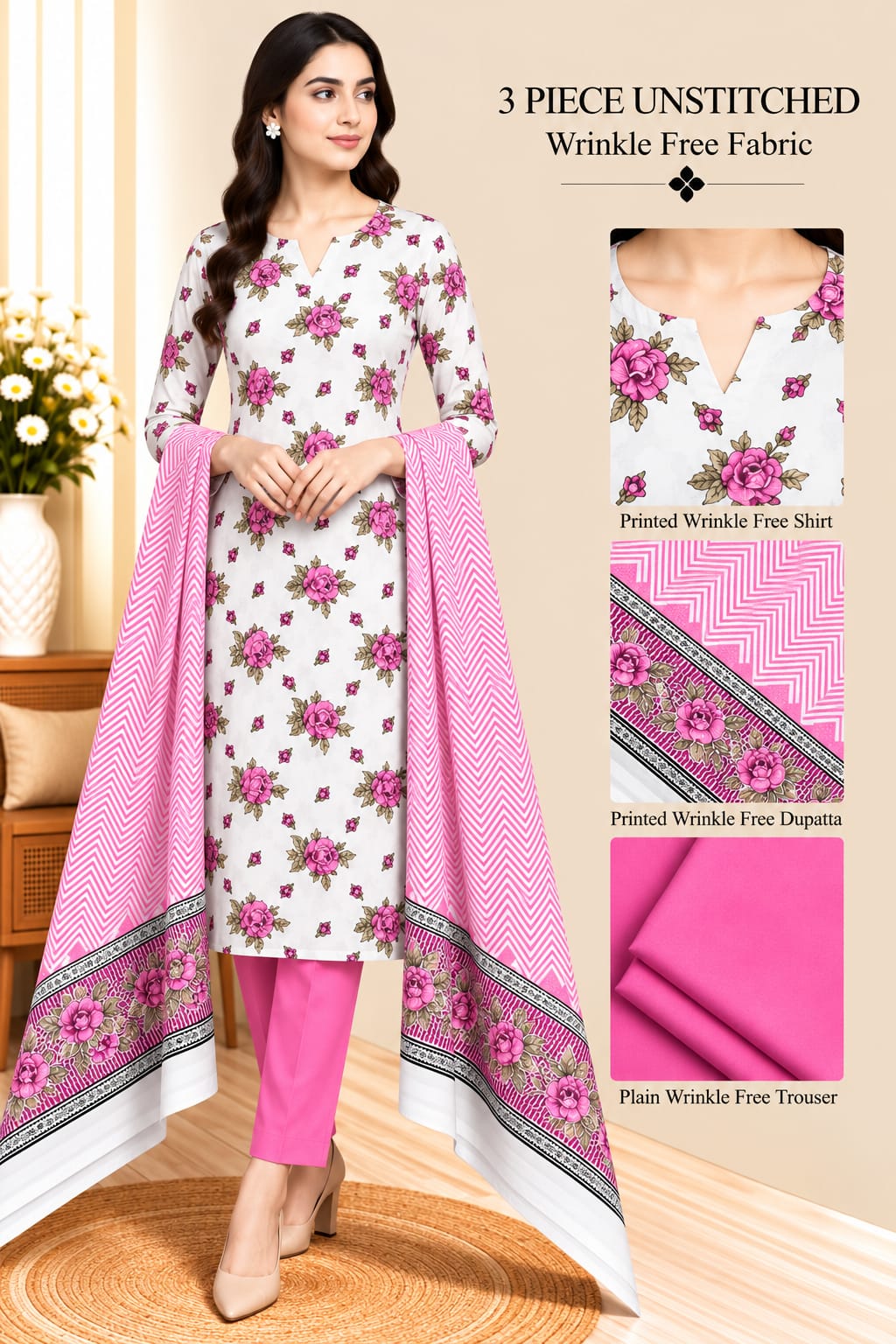 3 Piece Unstitched Wrinkle Free Fabric