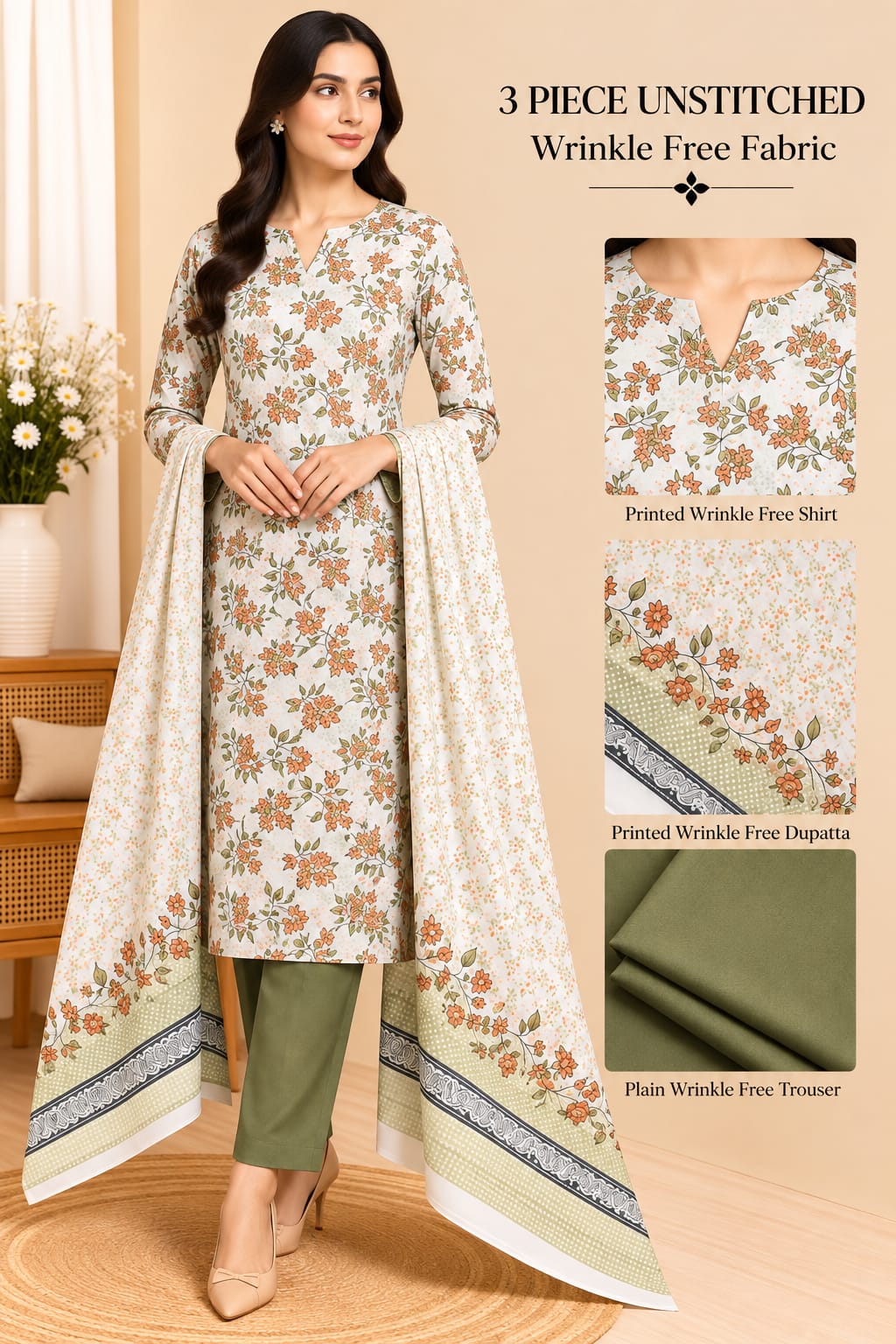 3 Piece Unstitched Wrinkle Free Fabric