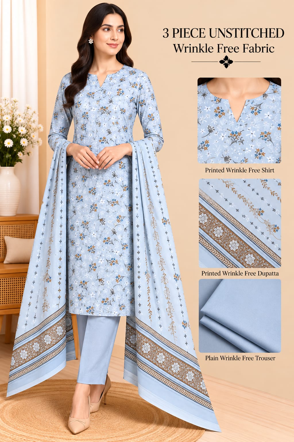 3 Piece Unstitched Wrinkle Free Fabric
