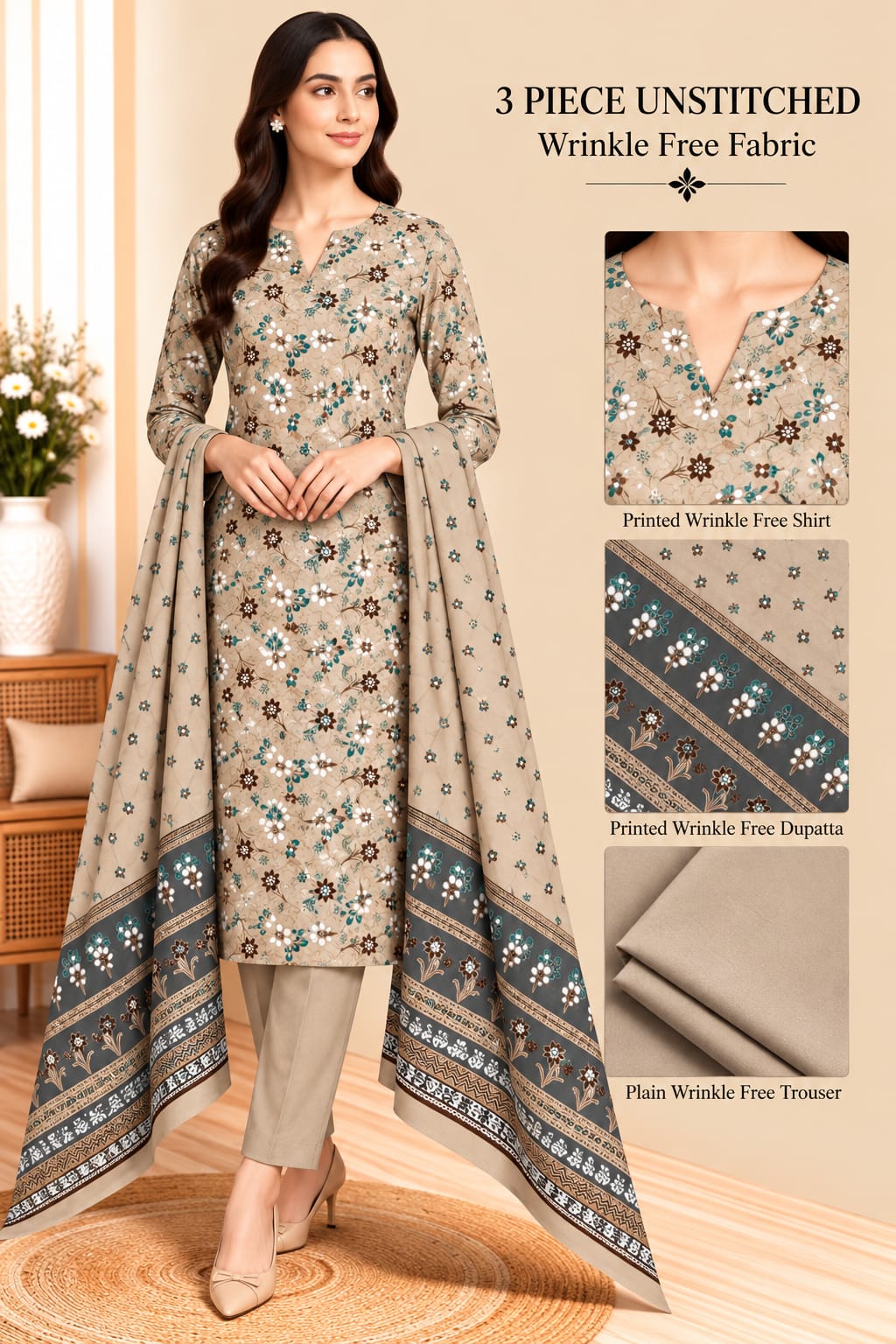 3 Piece Unstitched Wrinkle Free Fabric