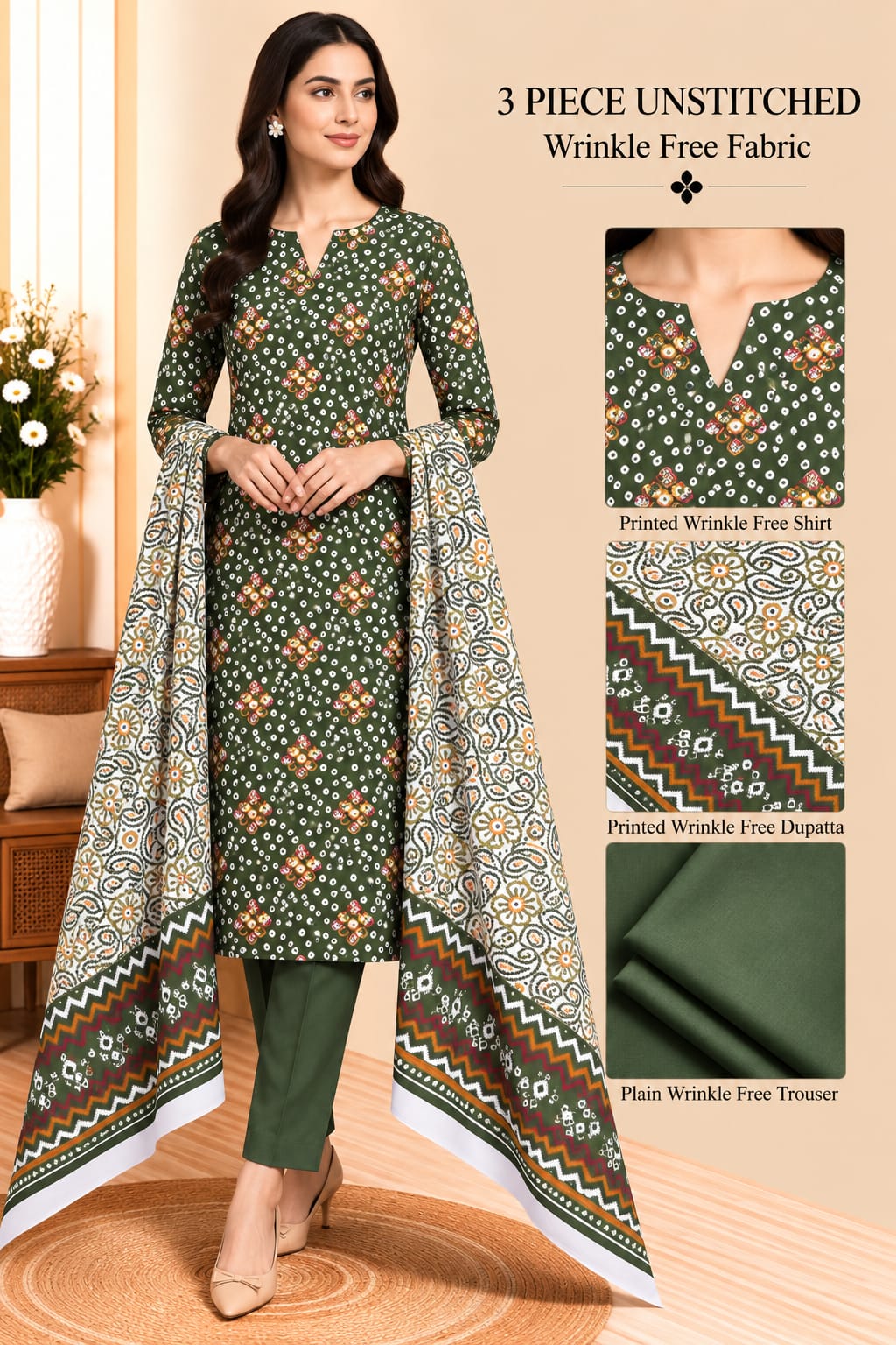 3 Piece Unstitched Wrinkle Free Fabric