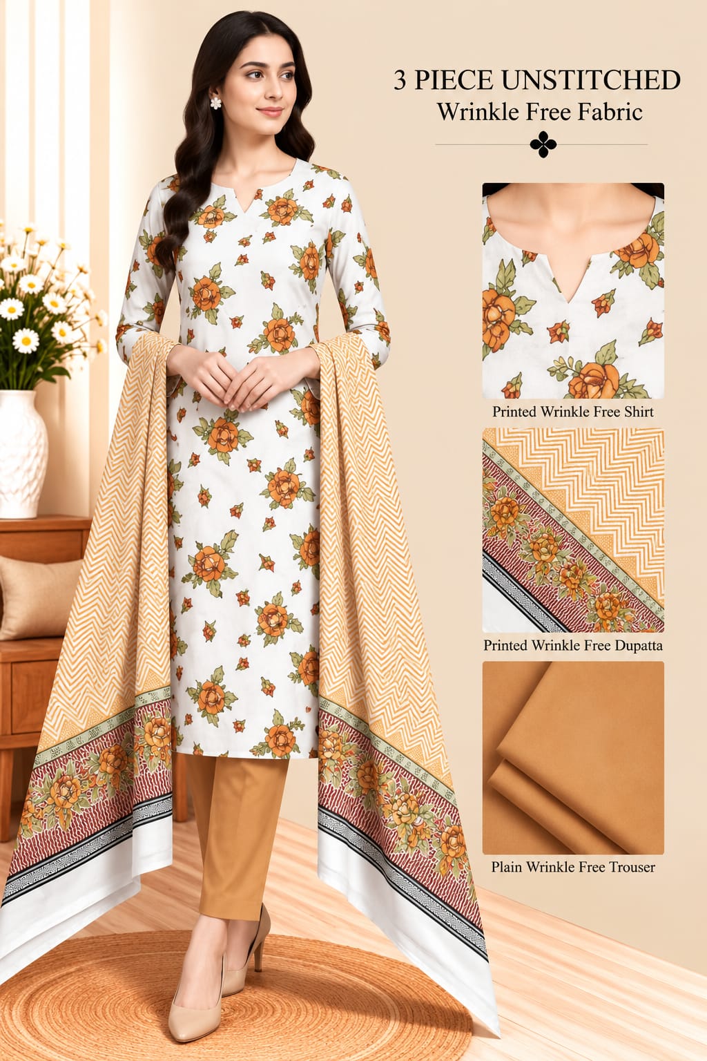 3 Piece Unstitched Wrinkle Free Fabric