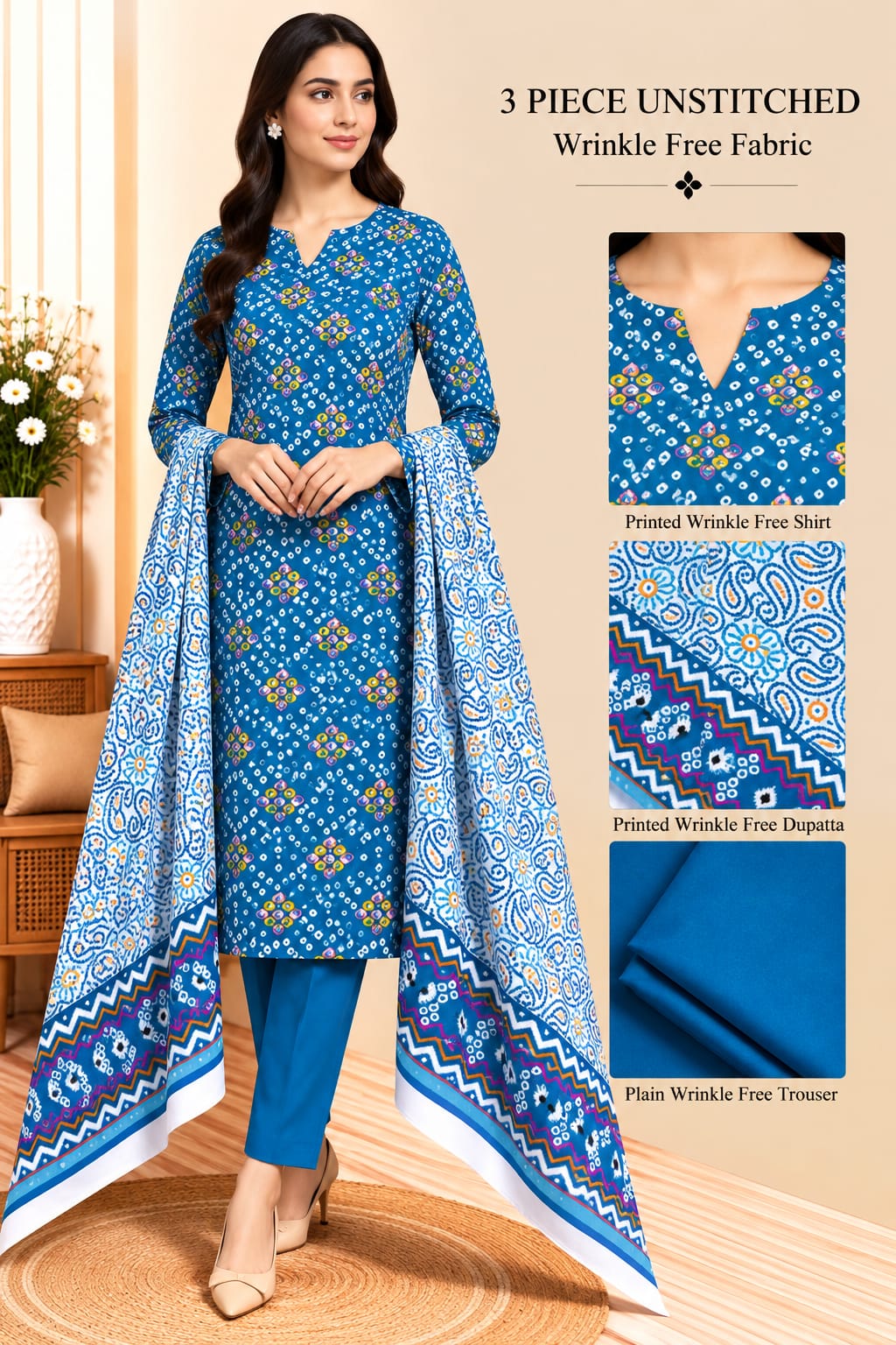 3 Piece Unstitched Wrinkle Free Fabric