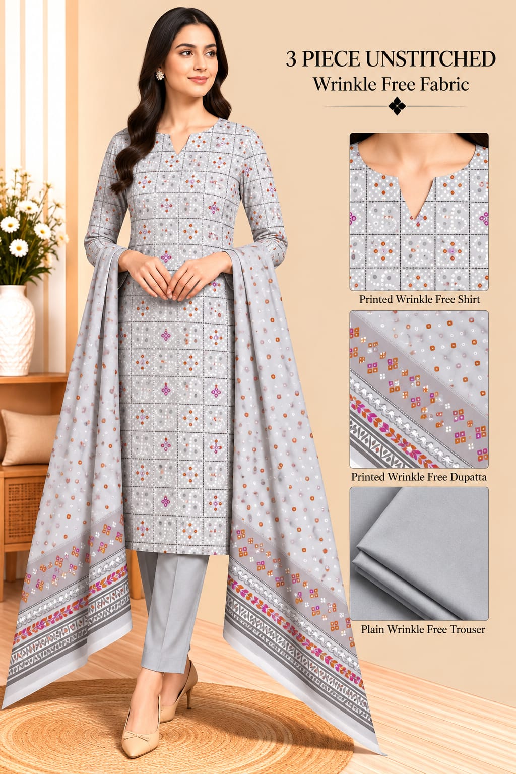 3 Piece Unstitched Wrinkle Free Fabric