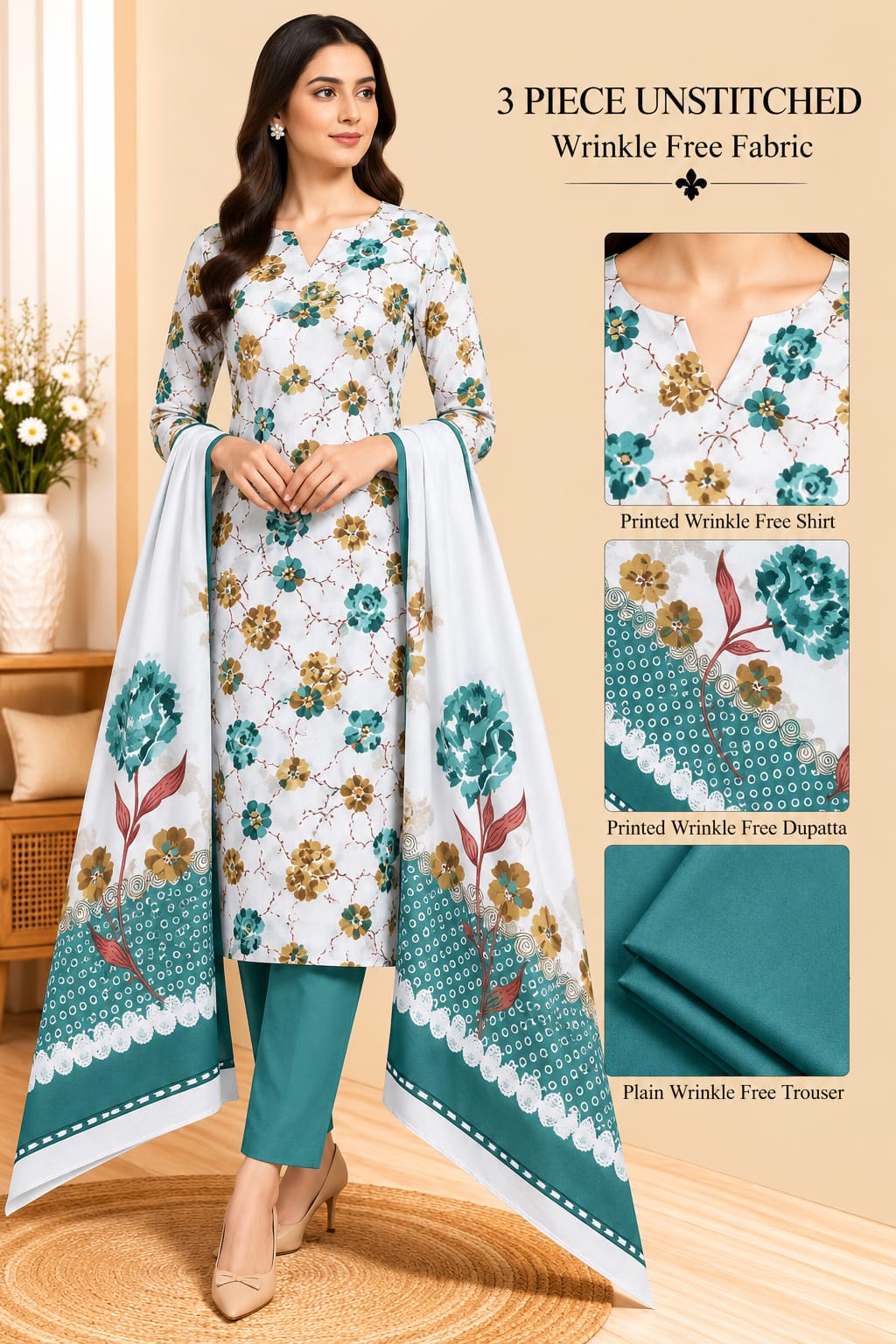 3 Piece Unstitched Wrinkle Free Fabric