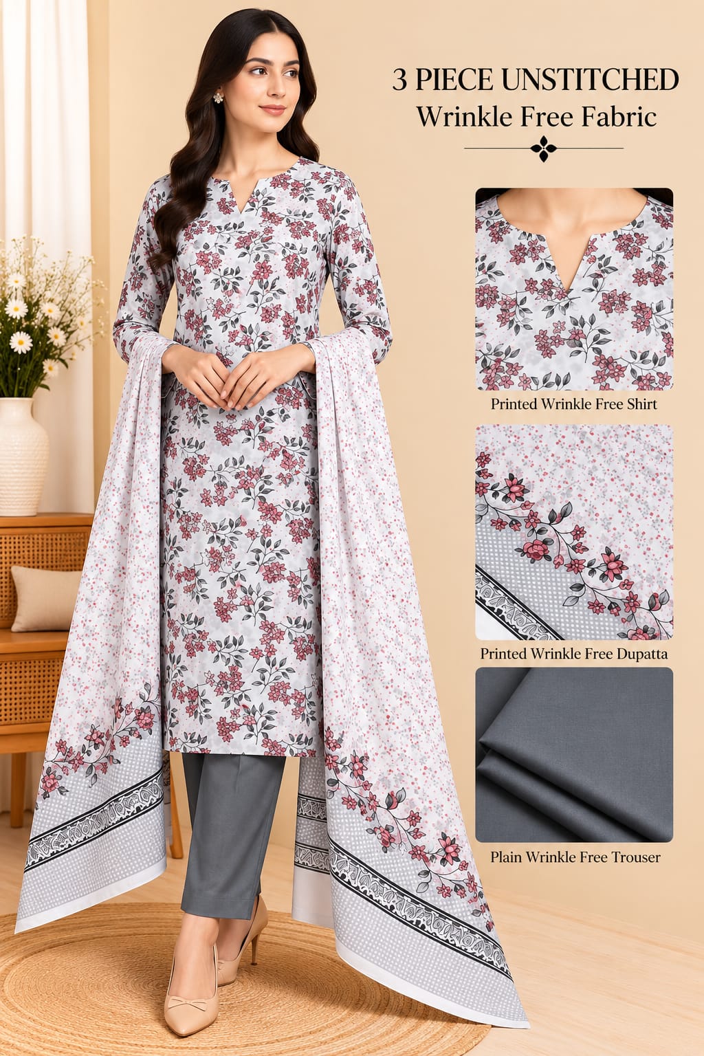3 Piece Unstitched Wrinkle Free Fabric