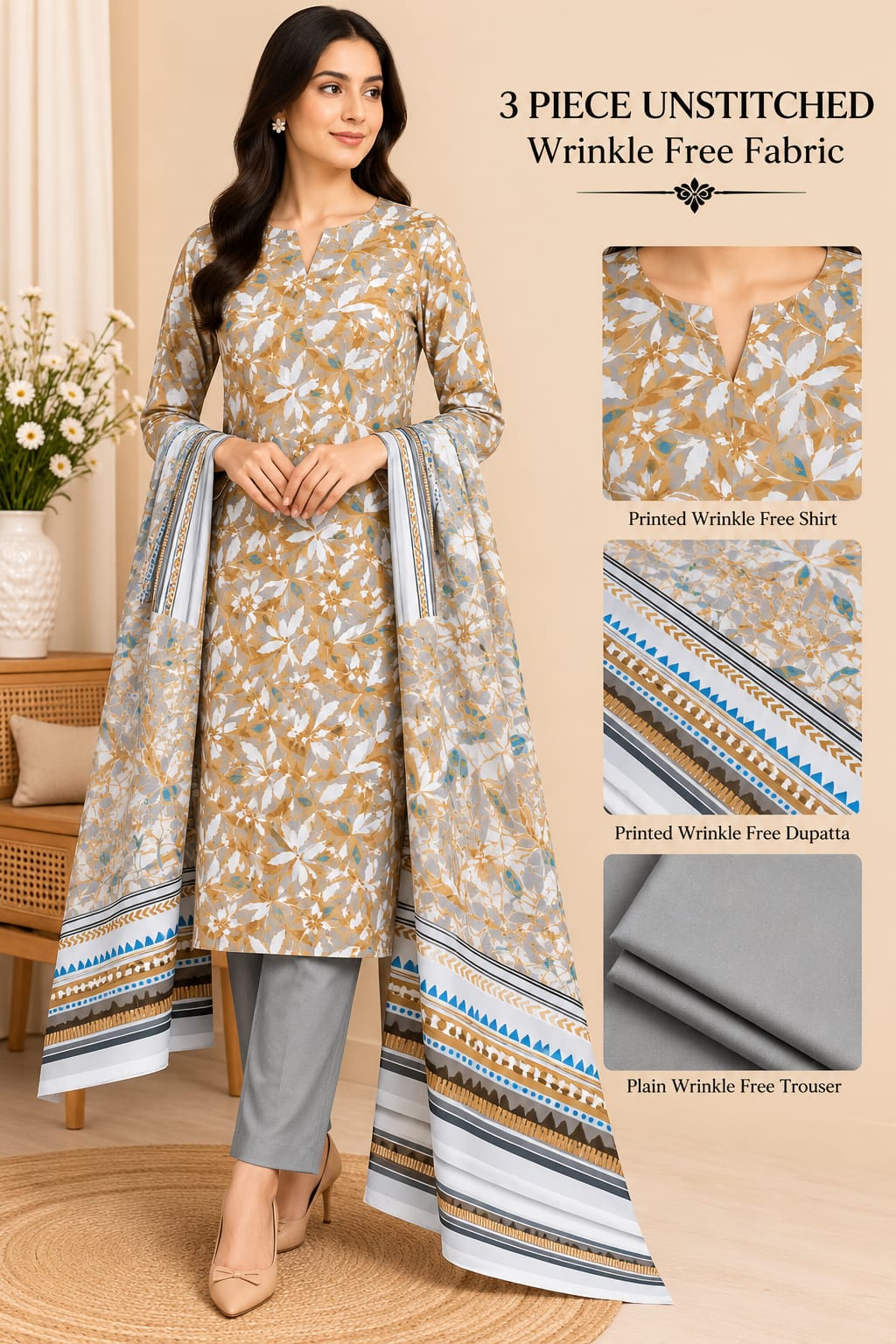 3 Piece Unstitched Wrinkle Free Fabric